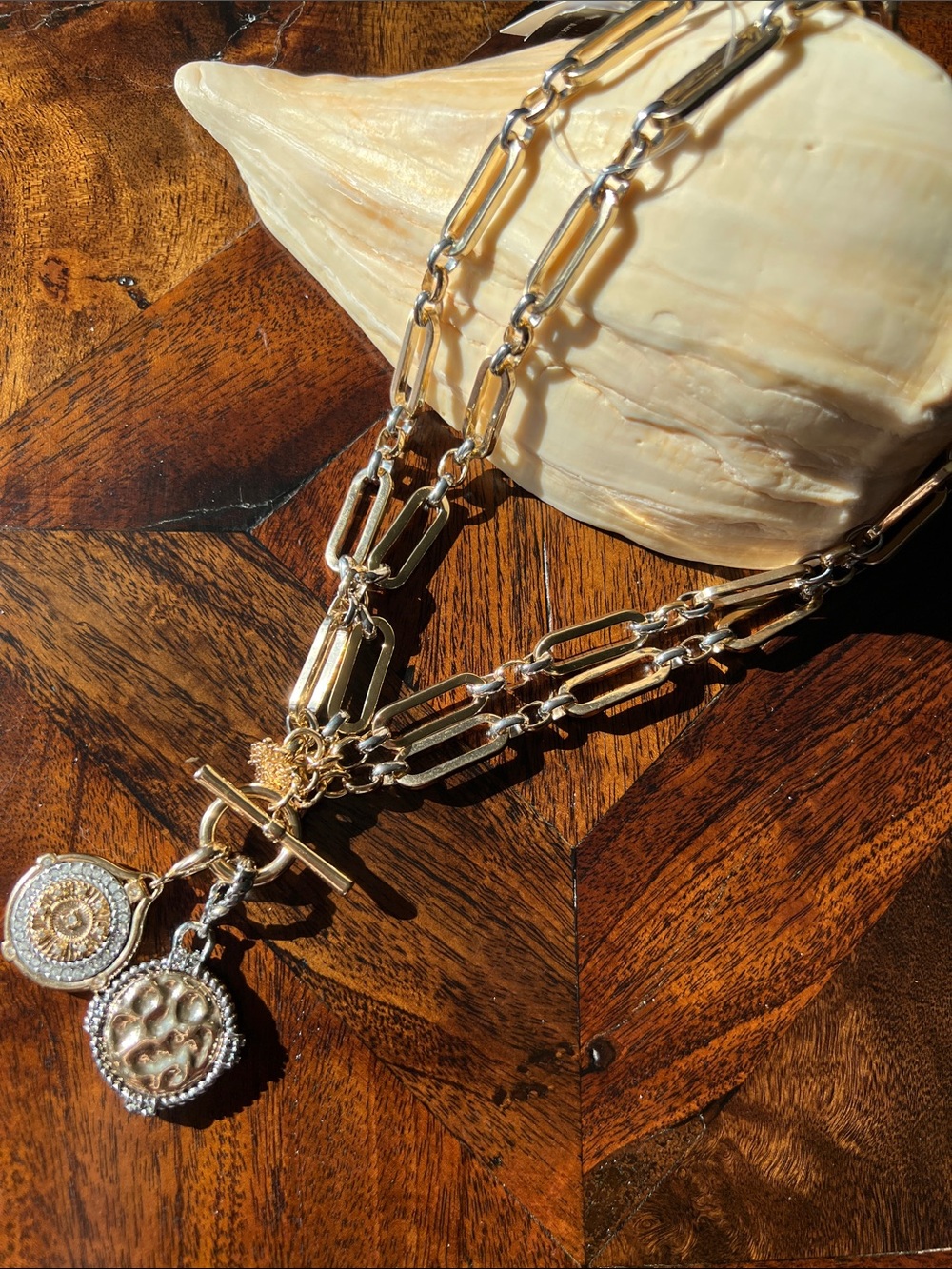 Chico’s Convertible Mixed Metal Chain Necklace with Coin Pendants